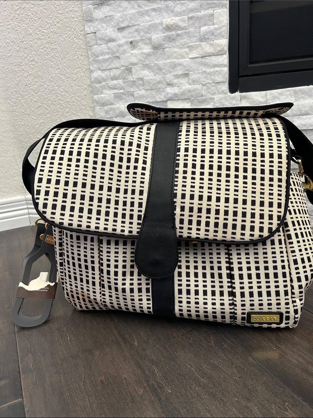 JJ Cole Black & Cream Backpack Diaper Bag & Stroller Clips